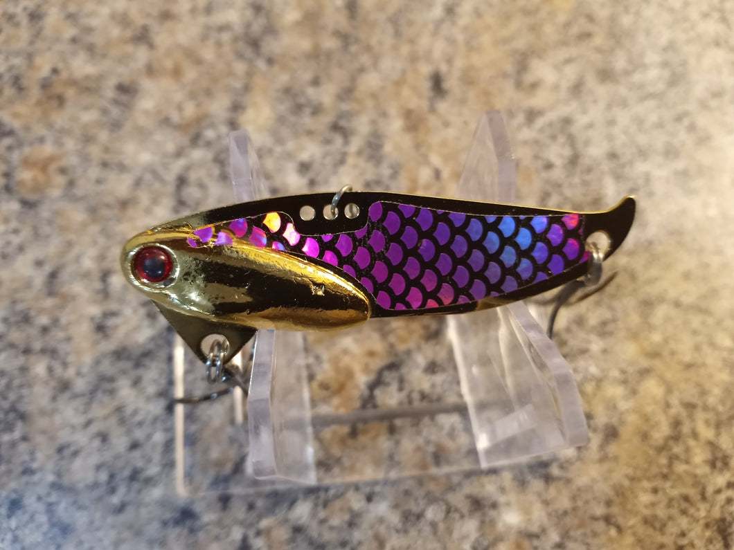 Gold Plated Custom Blade Baits in 1/2oz & 5/8oz weights GOLD & PURPLE OPEN SCALE