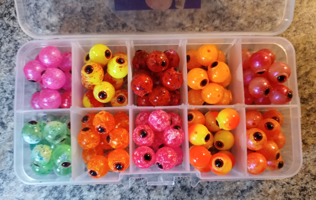 FALL 2025 10MM 10 COLOR CYCLOPS 3D BLOODSHOT EYE STEELHEAD BEAD ASSORTMENT BOX 100 PIECES
